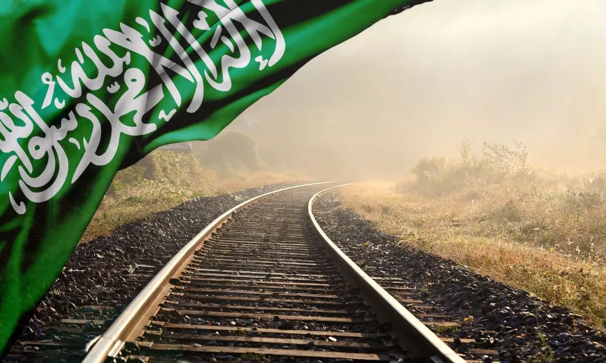 Hydrogen train - Saudi Arabian Flag and train tracks