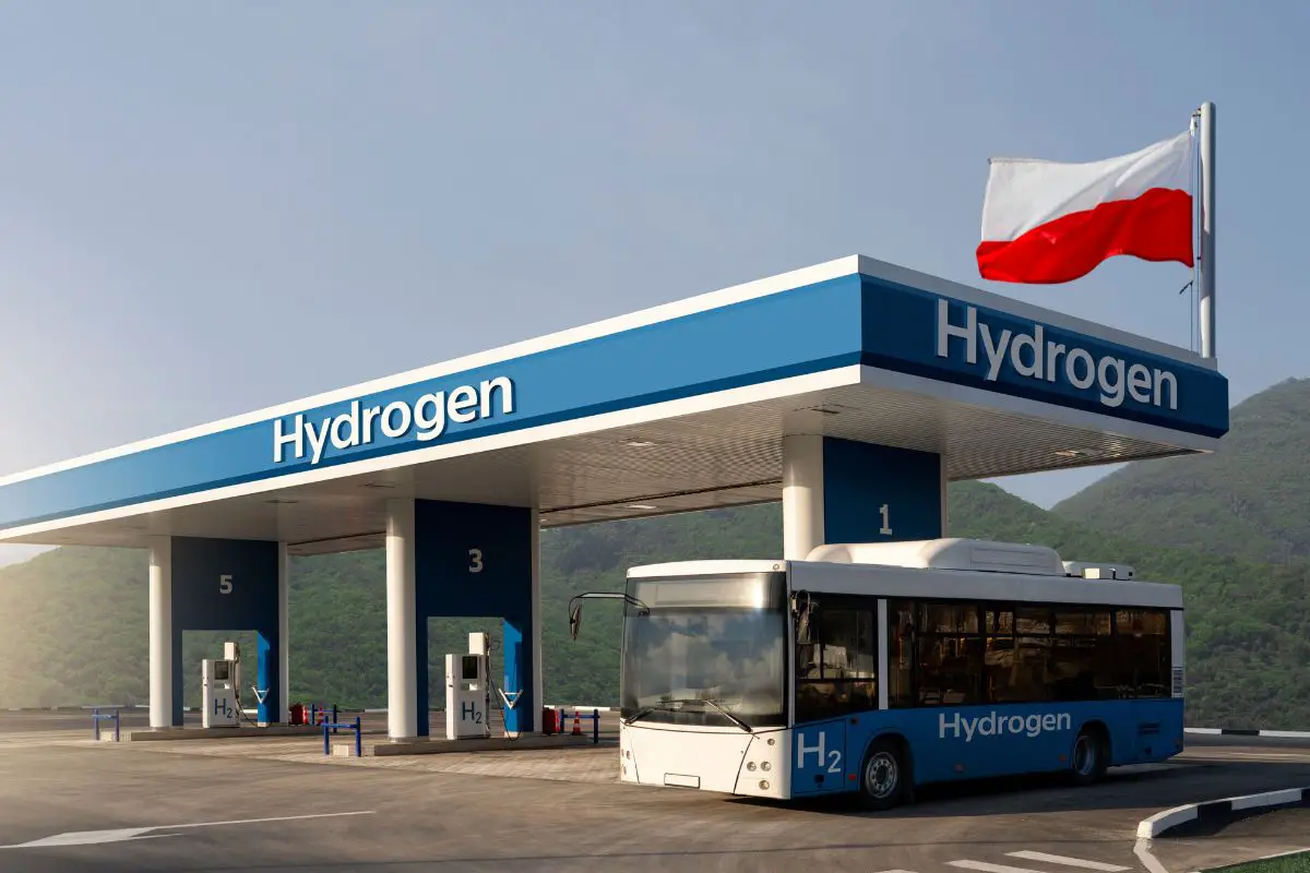 Hydrogen refueling station and H2 Bus with Poland Flag