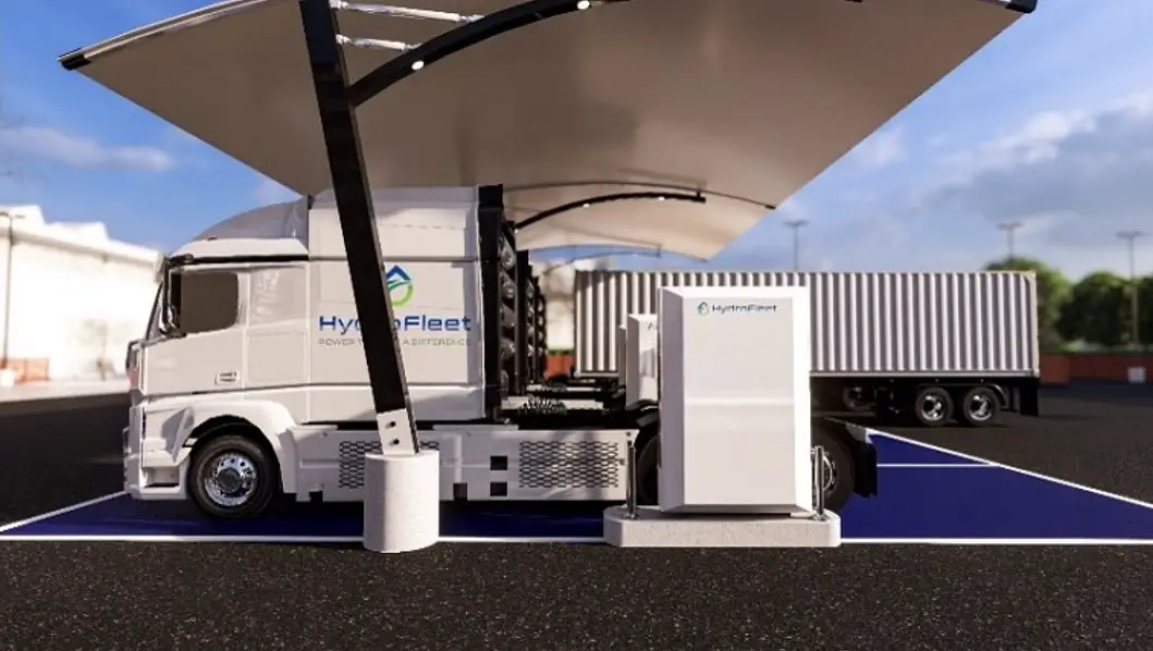 HydroFleet 3D Render Hydrogen trucks and refueling 