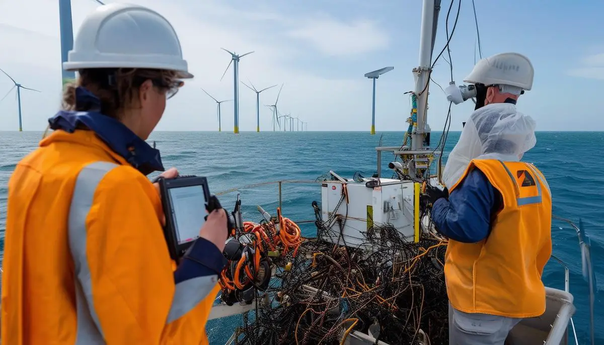 Scientists conducting environmental monitoring near a wind farm, using specialized equipment to assess impact on marine life